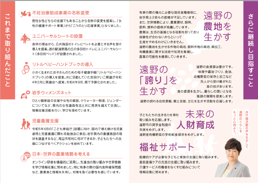 
福祉サポート
医療的ケアを必要とする子供と家族の支援に取り組みます。 産前産後ケアの充実の支援に取り組みます。 介護サービス待機者をなくす仕組みについて調査を継続します。

未来の人材育成
子供たちの生きる力を育む取り組みを応援します。 遠野市の奨学金制度の充実を目指します。 遠野産有機野菜の学校給食提供を目指します。 

遠野の「誇り」を生かす
 先人から受け継ぐ食の業、味噌や醤油、食用油、保存食などの生産や販路の展開について調査と提案に取り組みます。
 誇れる遠野の景色、郷土、芸能、文化を生かす取り組みを応援します。 

遠野の農地を生かす
有事の際の備えに必要な国民食料確保に、岩手県土の２倍もの面積が不足しています。 
また、世界情勢により、農業資材、飼料、肥料、燃料の価格が高騰しています。 
農業は、生活の基盤となる役割を担っており、採算性が合わないからといって生産をやめるわけにいきません。
 遠野の農地を生かせる作物の栽培、飼料作物の栽培、餌加工の調査を継続しながら、有機農業に関する技術や知見を集積し、拡大の可能性を調査していきます。

